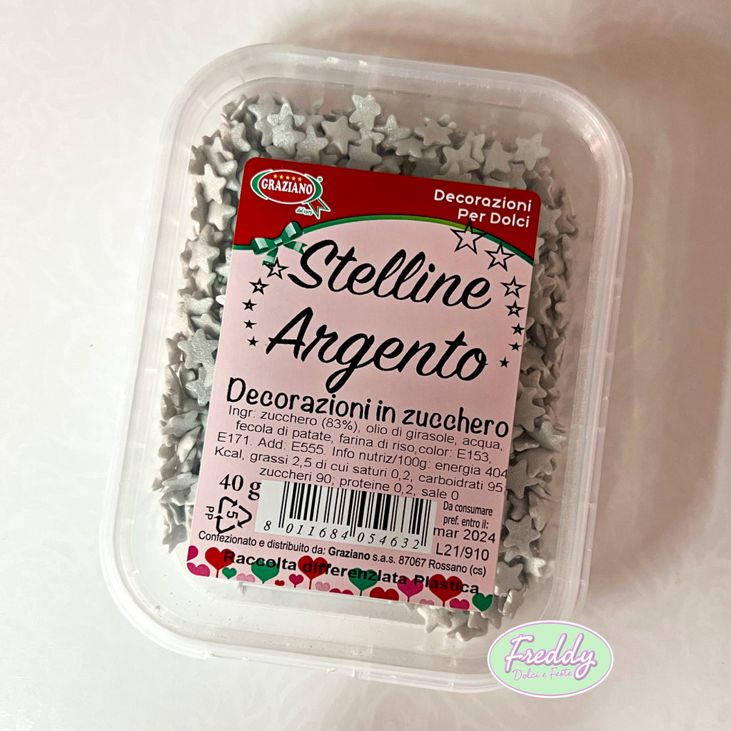 Decorazioni in zucchero stelline argento confezione da 40 grammi – Freddy  Dolci e Feste